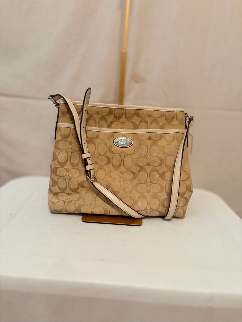 Coach Beige Signature Crossbody with Chalk Trim